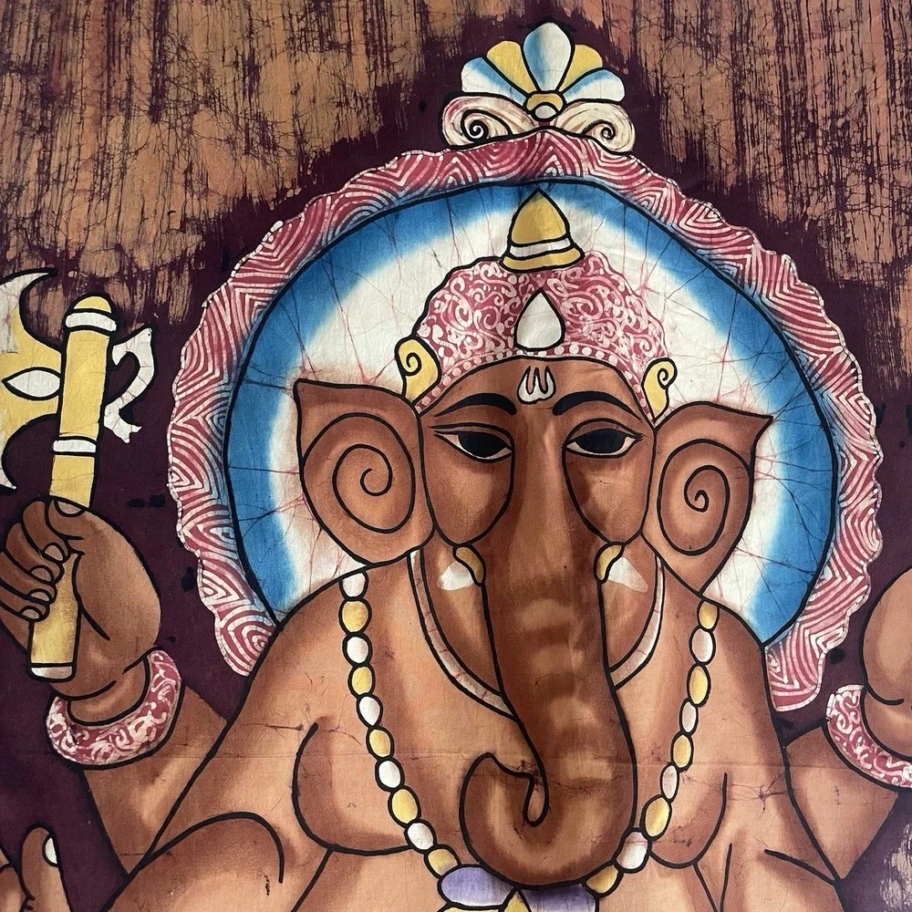 Vintage Lord Ganesha Batik Tapestry 50x35 Cotton Wall Hanging Hindu India Art